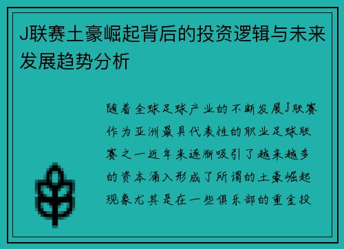 J联赛土豪崛起背后的投资逻辑与未来发展趋势分析