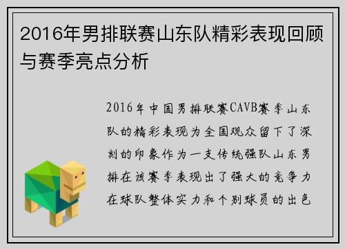 2016年男排联赛山东队精彩表现回顾与赛季亮点分析