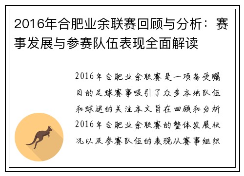 2016年合肥业余联赛回顾与分析：赛事发展与参赛队伍表现全面解读