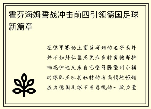 霍芬海姆誓战冲击前四引领德国足球新篇章